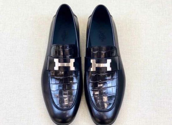 Giày lười Hermes Paris Loafer siêu cấp da rạn màu đen