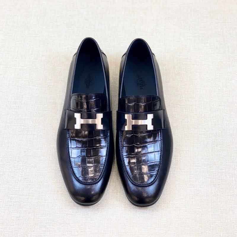 Giày lười Hermes Paris Loafer siêu cấp da rạn màu đen