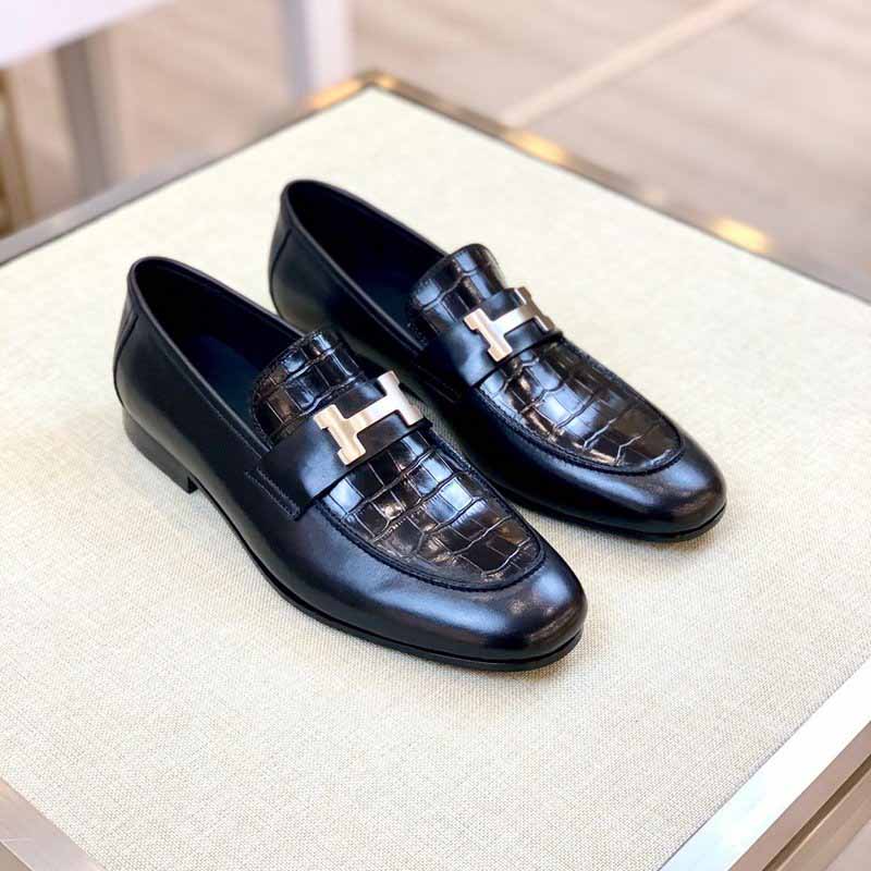 Giày lười Hermes Paris Loafer siêu cấp da rạn màu đen