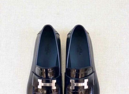 Giày lười Hermes Paris Loafer siêu cấp da rạn màu đen