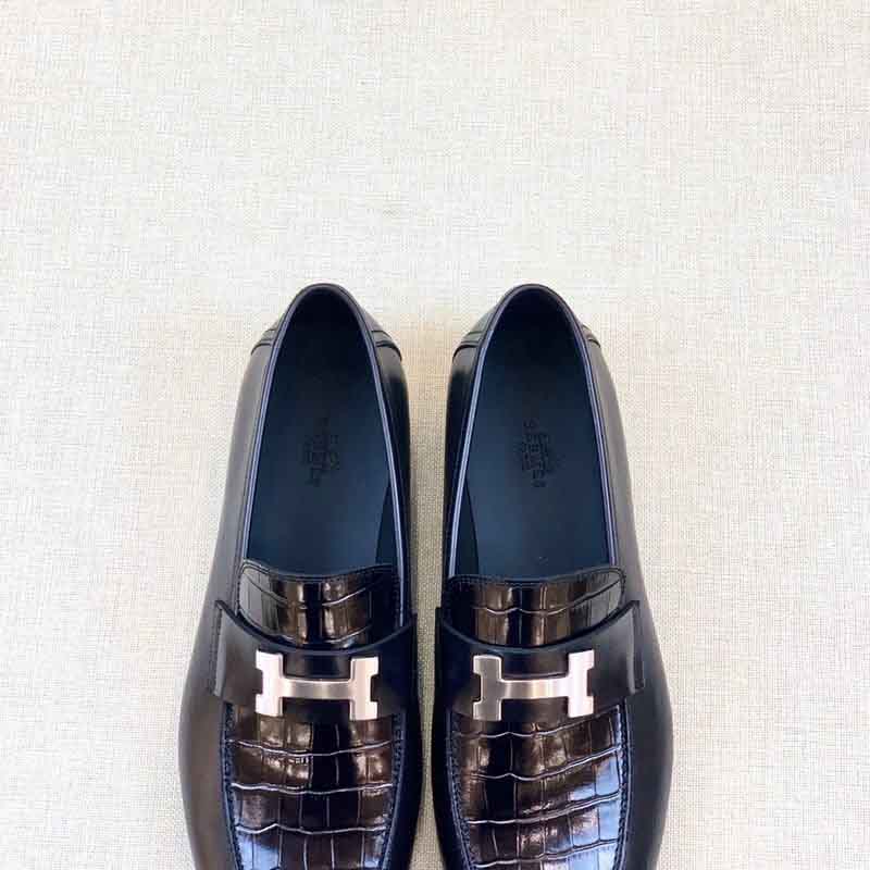 Giày lười Hermes Paris Loafer siêu cấp da rạn màu đen