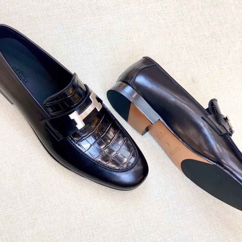 Giày lười Hermes Paris Loafer siêu cấp da rạn màu đen