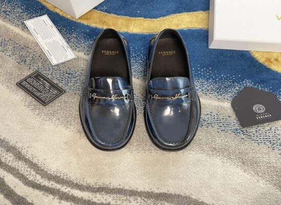 Giày lười Versace GV Signature Leather Loafers da bóng màu xanh