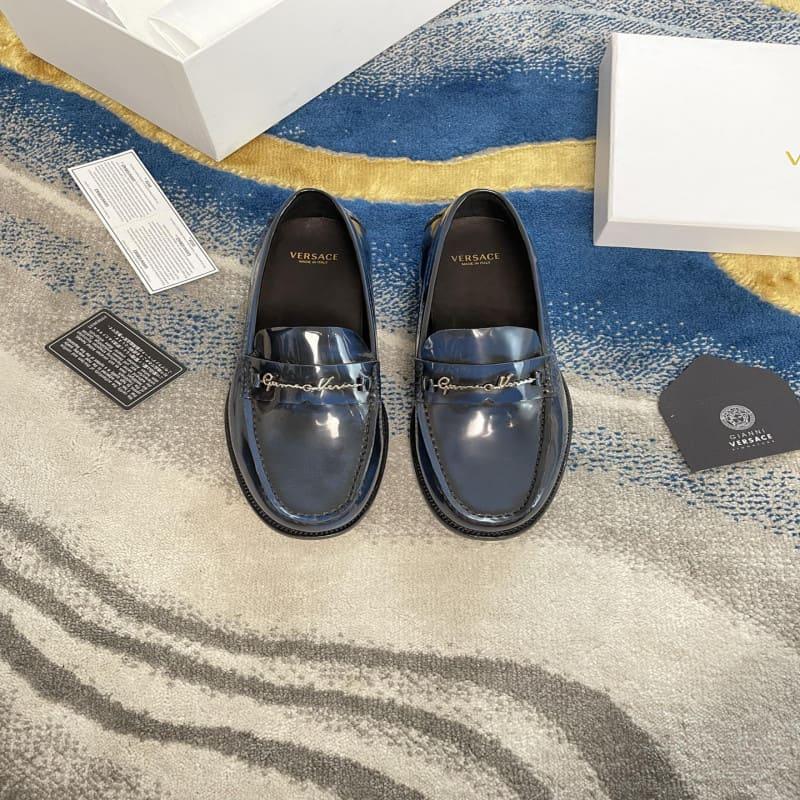 Giày lười Versace GV Signature Leather Loafers da bóng màu xanh